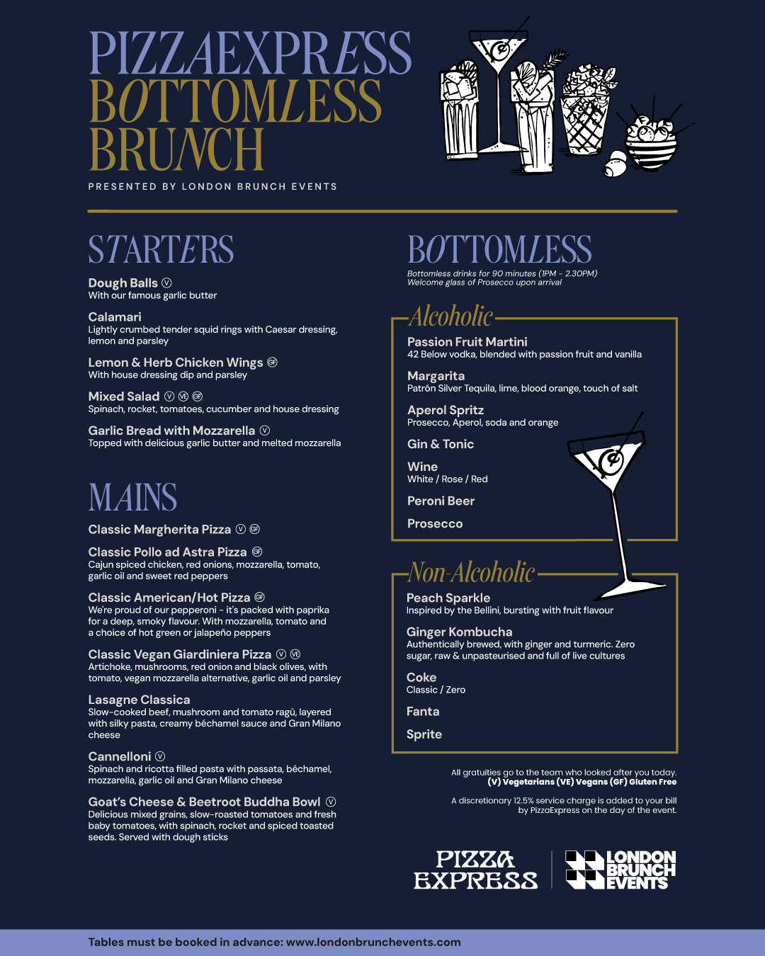 Menu for Pizza Express Bottomless Brunch with food and drink options on a dark blue background.
