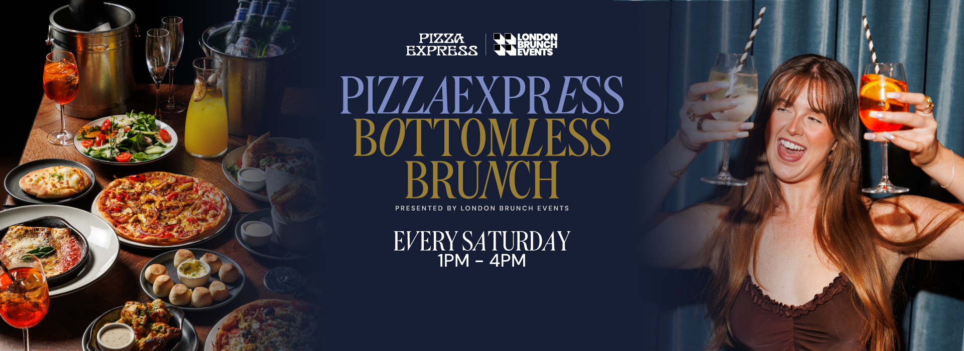 Promotional banner for Pizza Express Bottomless Brunch event with a woman enjoying drinks.